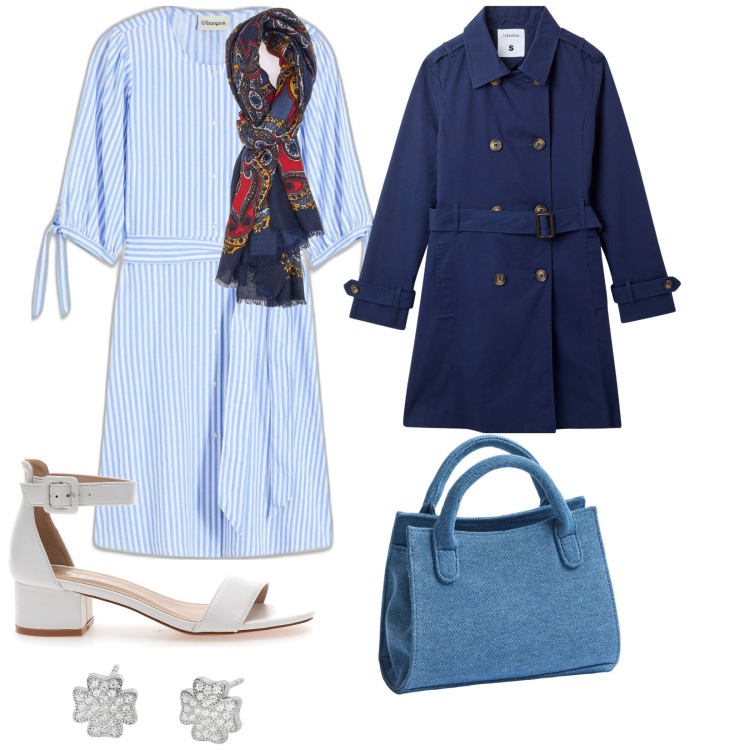 Outfit donna - Esco con le mie amiche. per Tutti i giorni. Abbinamento con vestiti chemisier, trench, borse a tracolla, orecchini, foulard, sandali col tacco.