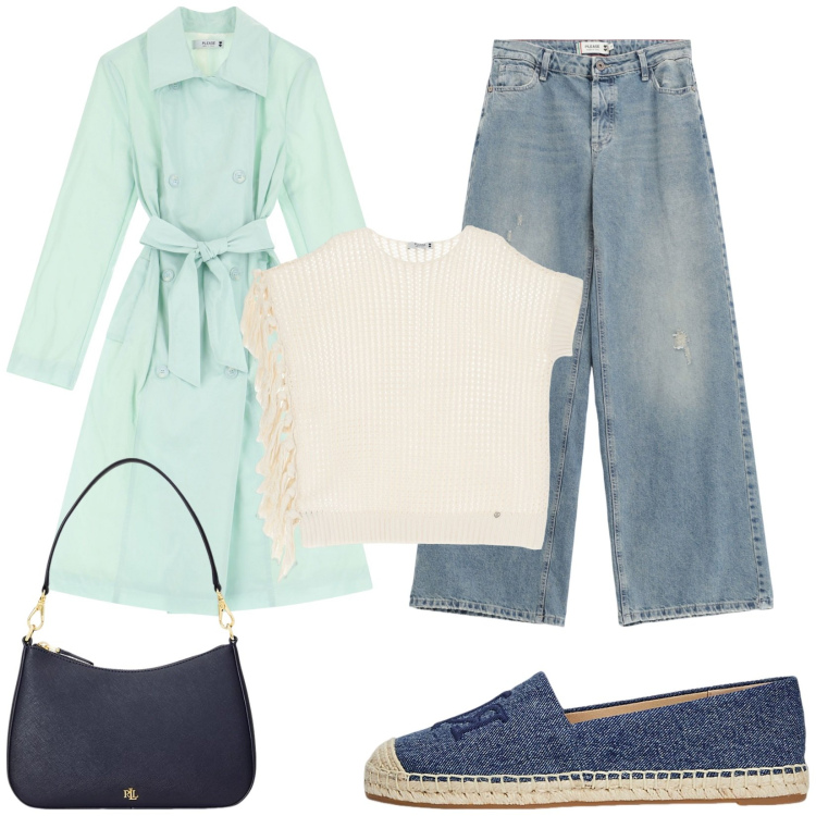 Outfit donna - Il trench verde. Stile Casual per Tutti i giorni. Abbinamento con jeans, maglieria, trench, borse a spalla, espadrillas.