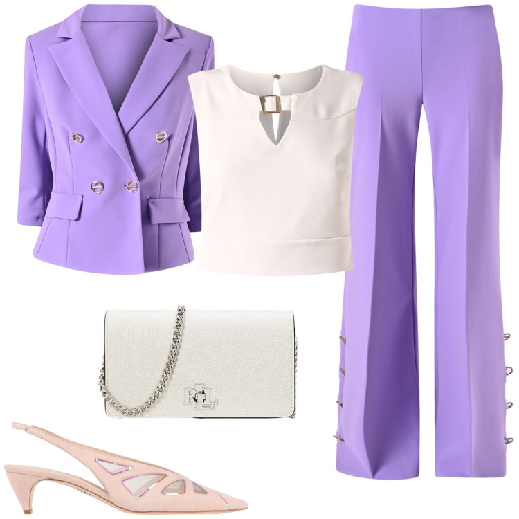 Outfit donna - Completo glicine. Stile Glamour per Cerimonia. Abbinamento con décolleté, pantaloni a palazzo, top, blazer, borse a tracolla.
