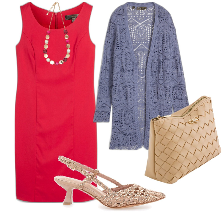 Outfit donna - Tubino rosso. per Tutti i giorni. Abbinamento con cardigans, vestiti a tubino, collane, sandali col tacco, pochette.