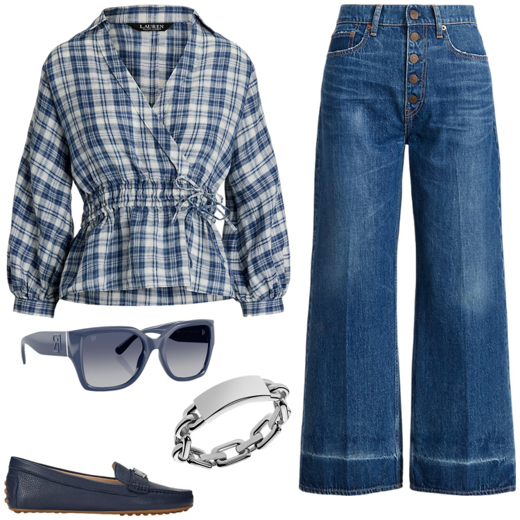 Outfit donna - Camicia a quadri. Stile Casual per Tutti i giorni. Abbinamento con anelli, mocassini, occhiali da sole, jeans, camicie.