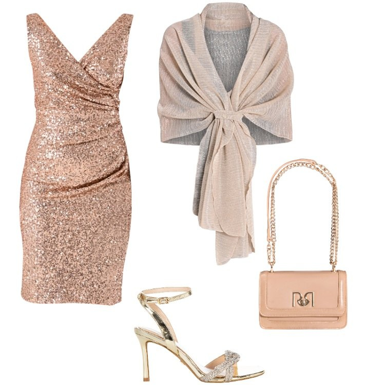 Outfit donna - Oro e paillettes. Stile Glamour per Serata fuori. Abbinamento con stole, vestiti a tubino, borse a tracolla, sandali col tacco.