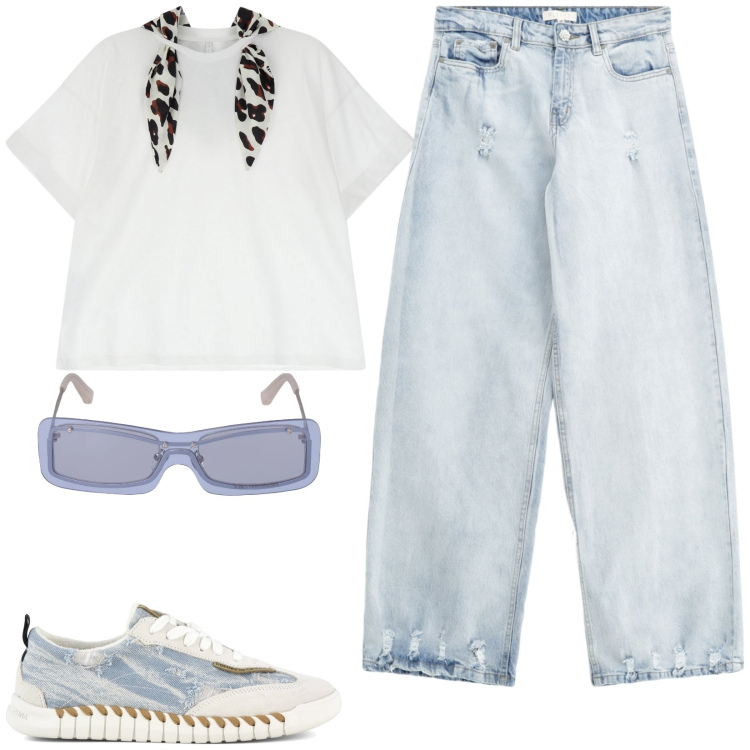 Outfit donna - Jeans comodo. Stile Basic per Tutti i giorni. Abbinamento con jeans, t-shirt, sneakers, occhiali da sole.