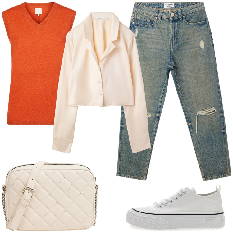 Outfit donna - Look da città. Stile Basic per Tutti i giorni. Abbinamento con jeans mom, camicie, borse a tracolla, maglieria, sneakers.