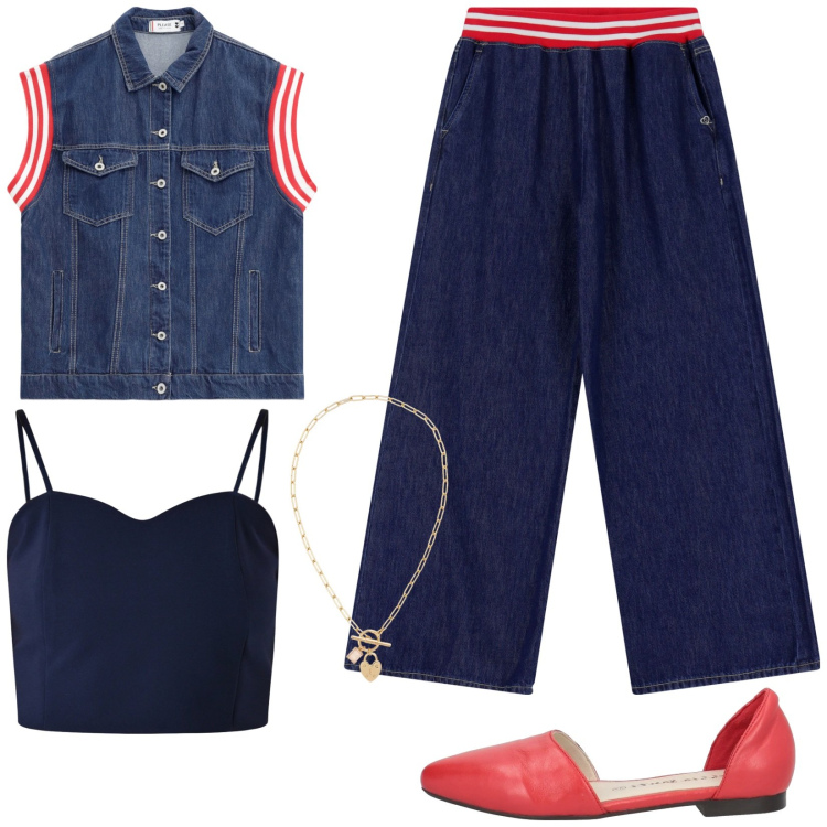 Outfit donna - Completo di jeans. Stile Casual chic per Tutti i giorni. Abbinamento con ballerine, canottiere, gilet, jeans, collane.