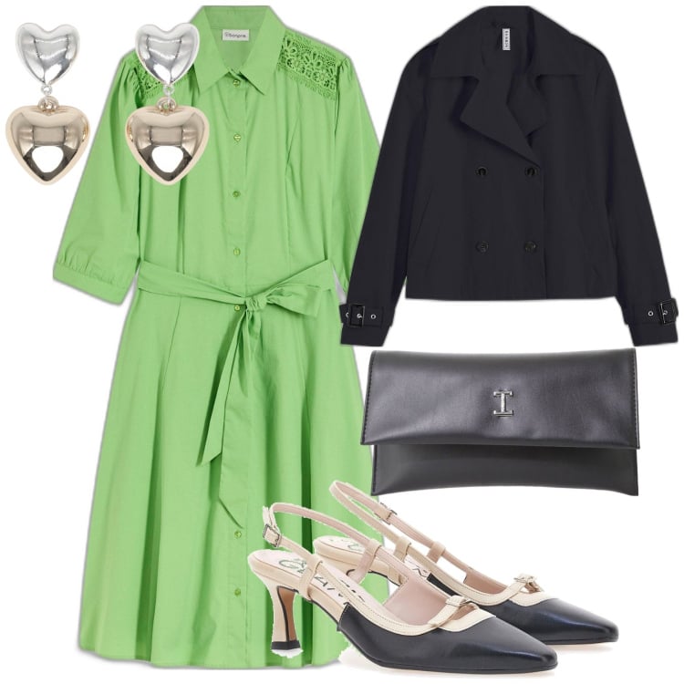 Outfit donna - Spese. per Tutti i giorni. Abbinamento con vestiti chemisier, trench, orecchini, pochette, décolleté.