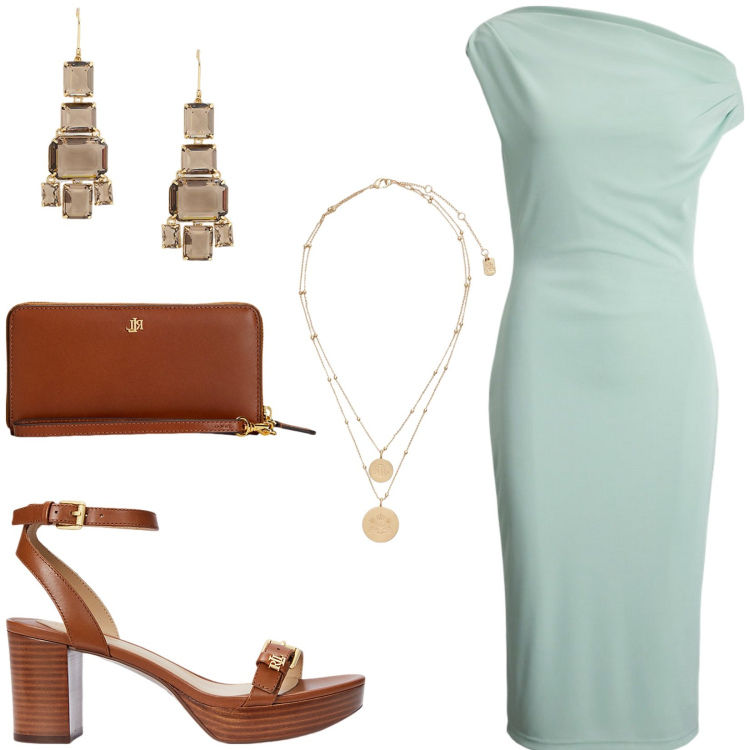 Outfit donna - Tubino verde acqua. Stile Glamour per Tutti i giorni. Abbinamento con ciondoli, vestiti a tubino, pochette, sandali col tacco, orecchini.