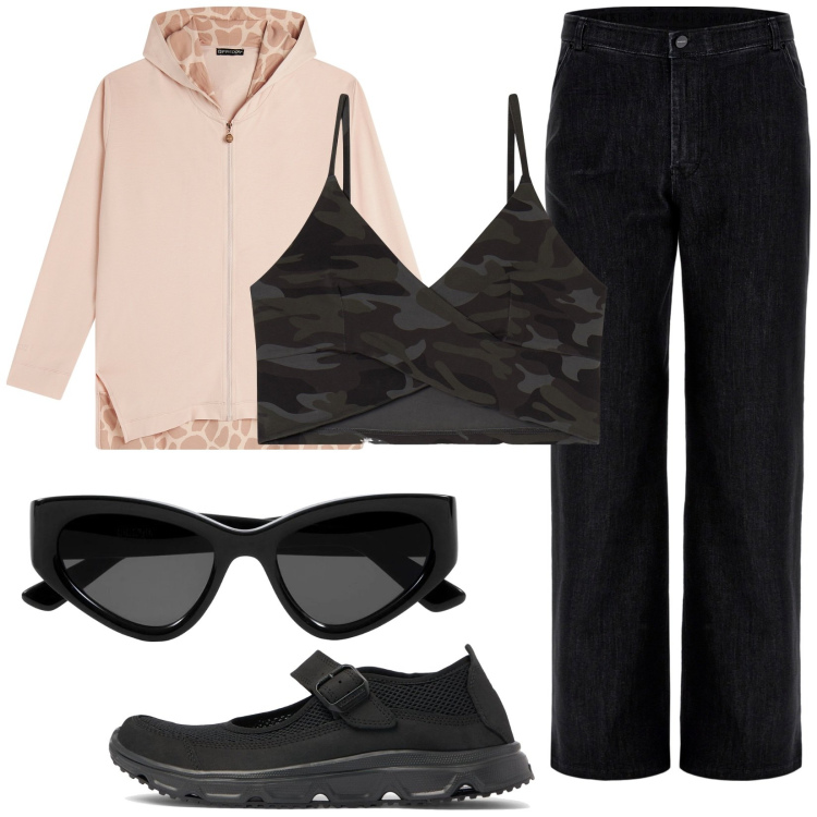 Outfit donna - Sportiva per il lavoro. Stile Casual per Tutti i giorni. Abbinamento con felpe con cappuccio, jeans, top, occhiali da sole, sneakers.