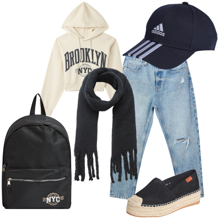 Outfit donna - A spasso per New York. Stile Casual chic per Tutti i giorni. Abbinamento con jeans mom, zaini, sciarpe, espadrillas, felpe con cappuccio, cappelli con visiera.