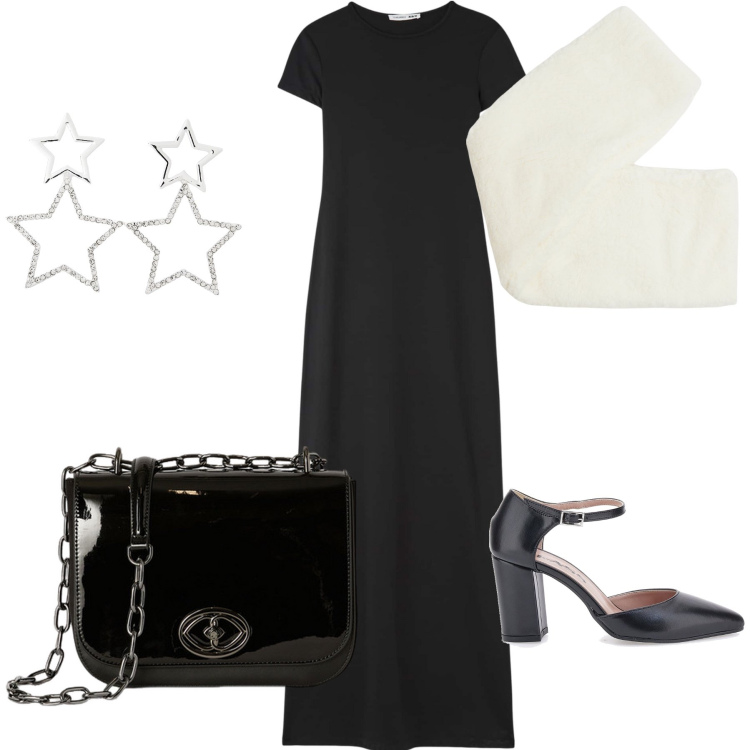 Outfit donna - Sotto le stelle di aprile. Stile Glamour per Serata fuori. Abbinamento con vestiti lunghi, orecchini, sciarpe, décolleté, borse a tracolla.