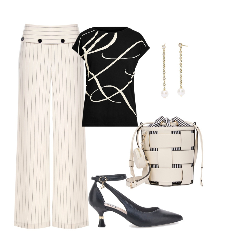 Outfit donna - Contrasti di linee. Stile Chic per Ufficio. Abbinamento con orecchini, pantaloni, maglieria, décolleté, borse a secchiello.
