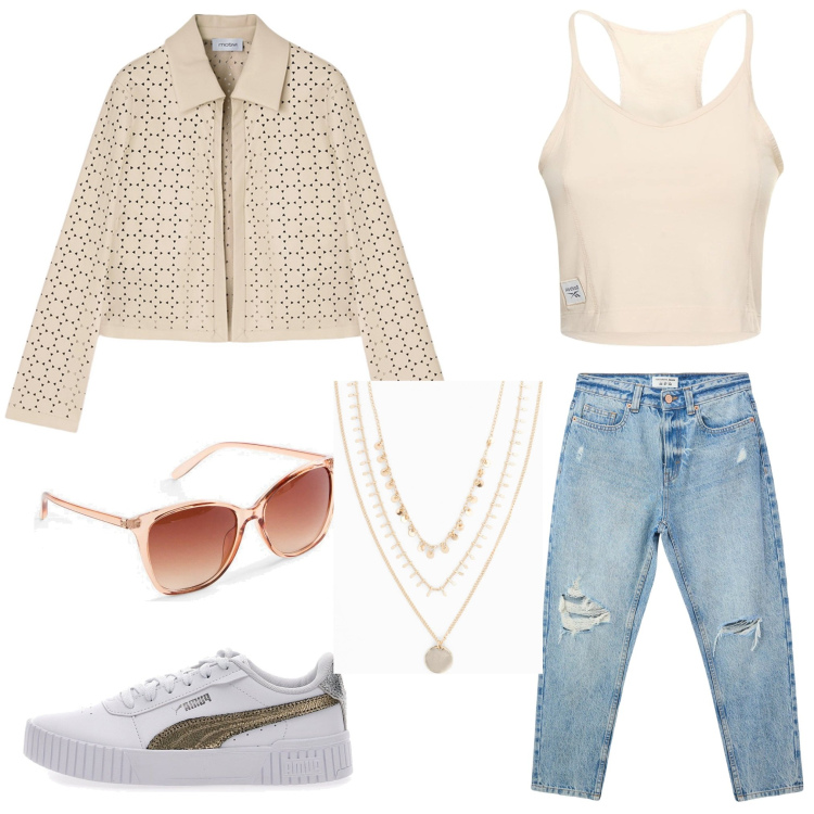 Outfit donna - Total look #2104930. Stile Casual per Tutti i giorni. Abbinamento con collane, occhiali da sole, jeans mom, sneakers, top, blazer.