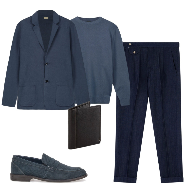 Outfit uomo - Blu. Stile Urban per Tutti i giorni. Abbinamento con jeans, maglieria, scarpe stringate, cardigans, portafogli.