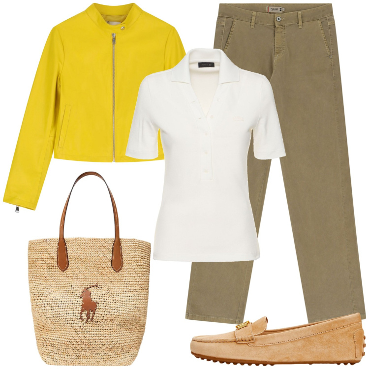 Outfit donna - Giacca gialla. Stile Casual per Tutti i giorni. Abbinamento con jeans dritti, giacche, mocassini, borse tote, polo.