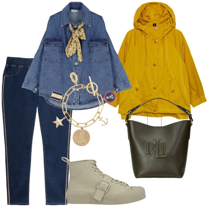Outfit donna - Giornata in scogliera. per Tutti i giorni. Abbinamento con sneakers alte, camicie, borse a secchiello, braccialetti con ciondoli, jeggings, blazer.