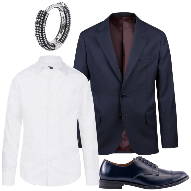 Outfit uomo - Occasione speciale. Stile Business/Elegante per Cerimonia. Abbinamento con orecchini, camicie, abiti, scarpe stringate.