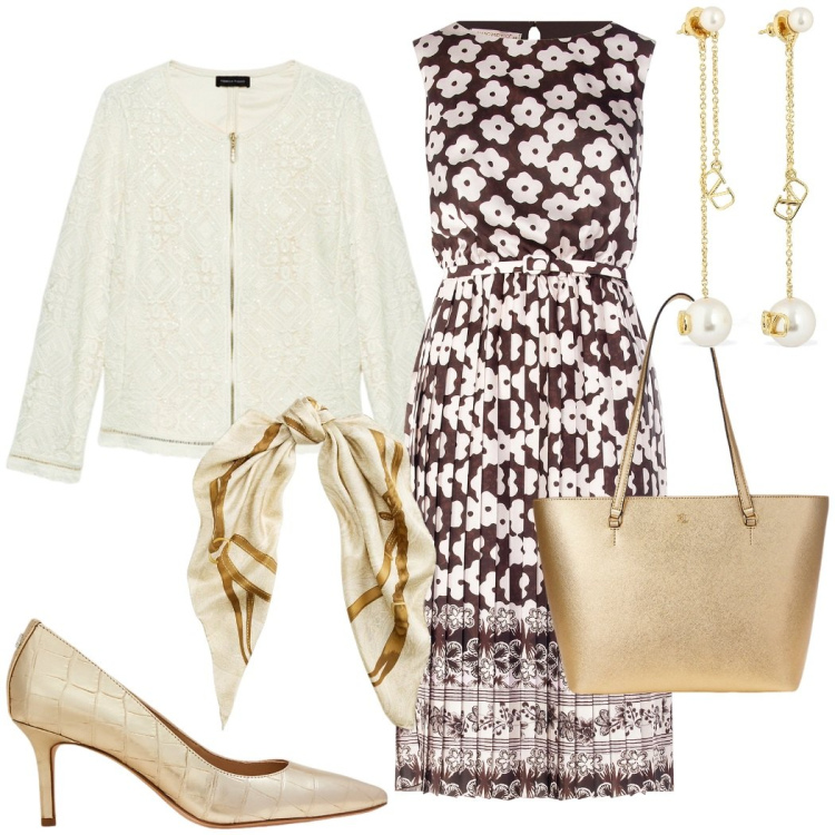 Outfit donna - Cerimonia in primavera. Stile Chic per Cerimonia. Abbinamento con vestiti midi/longuette, borse tote, décolleté, foulard, blazer, orecchini.