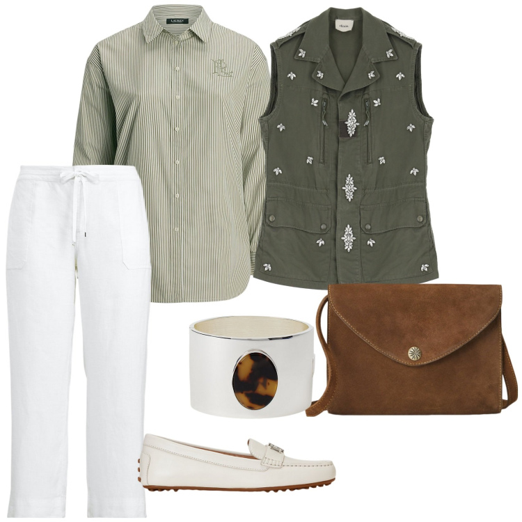 Outfit donna - Accessiorata. per Mare. Abbinamento con gilet, borse a tracolla, mocassini, camicie, pantaloni, braccialetti.