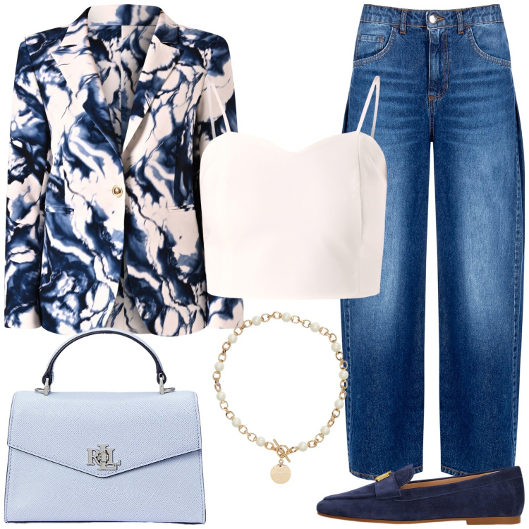 Outfit donna - Blazer fantasia e mocassini. Stile Casual chic per Tutti i giorni. Abbinamento con blazer, jeans, canottiere, mocassini, borse a mano, collane.