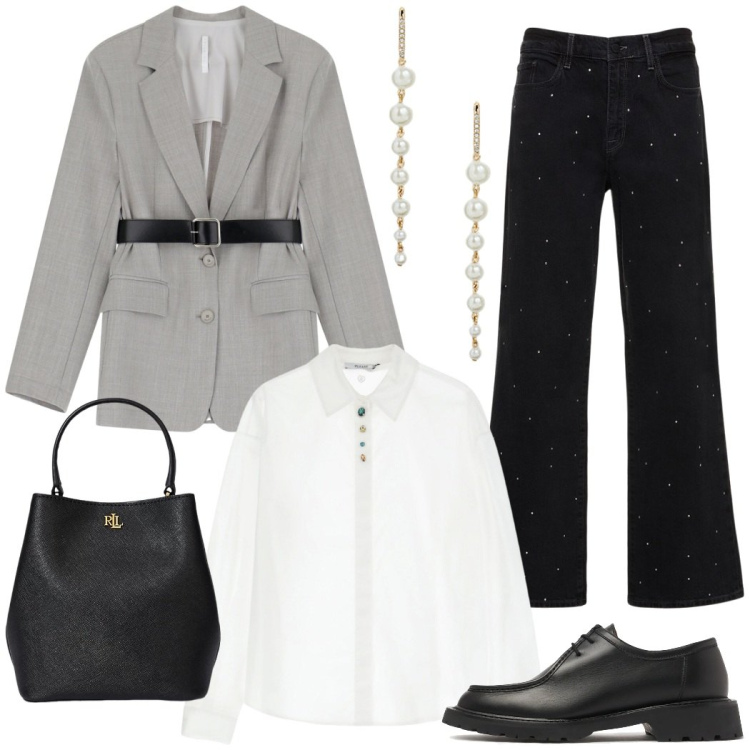 Outfit donna - Stile maschile rivisitato. Stile Urban per Serata fuori. Abbinamento con camicie, blazer, borse a secchiello, orecchini, scarpe stringate, jeans.