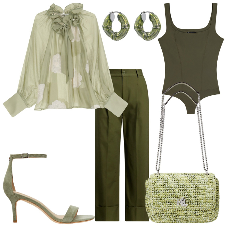 Outfit donna - Verde oliva. Stile Glamour per Tutti i giorni. Abbinamento con body, bluse, pantaloni, sandali in pelle, borse a spalla, orecchini.