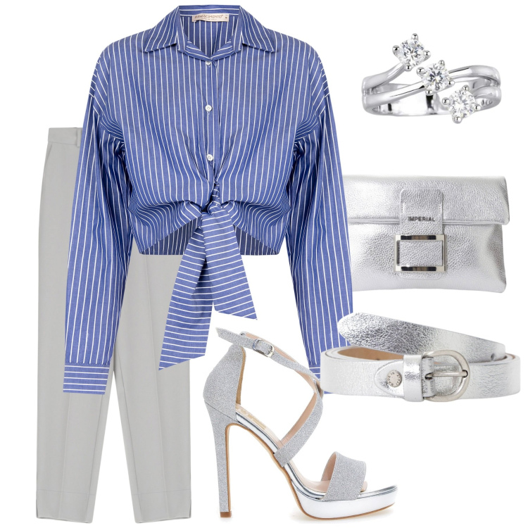 Outfit donna - Righe è meglio. Stile Casual chic per Tutti i giorni. Abbinamento con anelli, camicie, pantaloni, pochette, cinture, sandali col tacco.