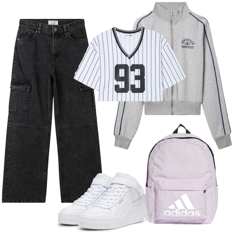 Outfit donna - Sporty chic. Stile Sporty chic per Tutti i giorni. Abbinamento con jeans dritti, t-shirt, felpe sportive, sneakers, borse sportive.