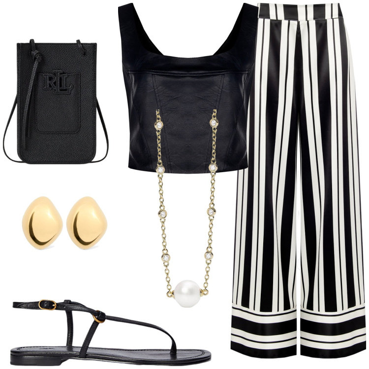 Outfit donna - Righe in tutti i versi. Stile Casual chic per Tutti i giorni. Abbinamento con collane, top, pantaloni a palazzo, borse a tracolla, sandali in pelle, orecchini.