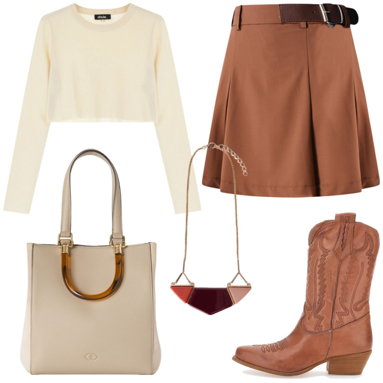 Outfit donna - Completo per pomeriggio con le amiche. Stile Casual per Tutti i giorni. Abbinamento con minigonne, pullovers, stivaletti, shopping bag, ciondoli.