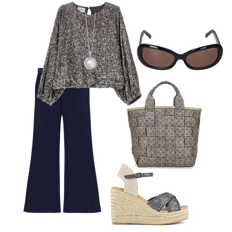 Outfit donna - Stars. Stile Casual chic per Serata fuori. Abbinamento con collane, pantaloni, felpe, zeppe, occhiali da sole, borse a mano.