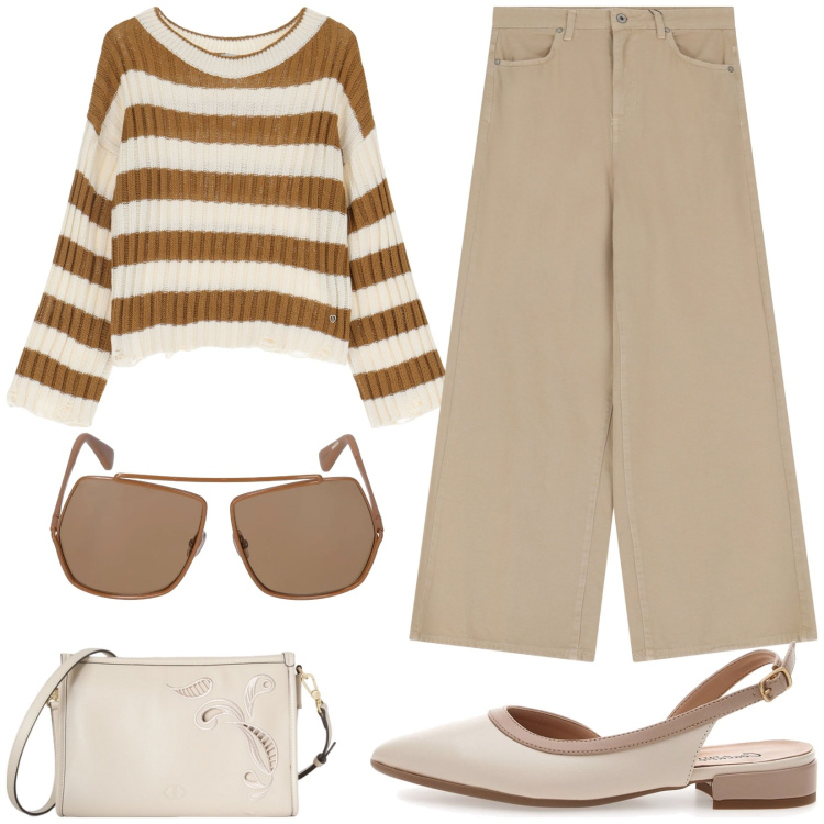 Outfit donna - Casual chic. Stile Casual chic per Tutti i giorni. Abbinamento con maglieria, jeans, ballerine, occhiali da sole, borse a tracolla.