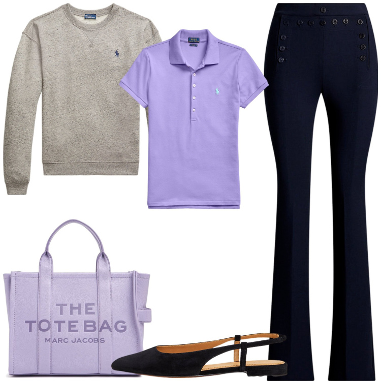 Outfit donna - Pomeriggio di shopping. Stile Casual chic per Tutti i giorni. Abbinamento con polo, pullovers, pantaloni, ballerine, borse tote.