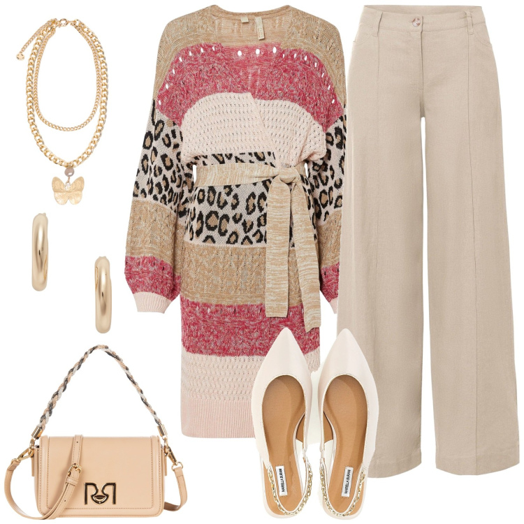 Outfit donna - Maxi cardigan glamour. Stile Casual chic per Tutti i giorni. Abbinamento con cardigans, pantaloni a palazzo, borse a tracolla, orecchini, ballerine, collane.