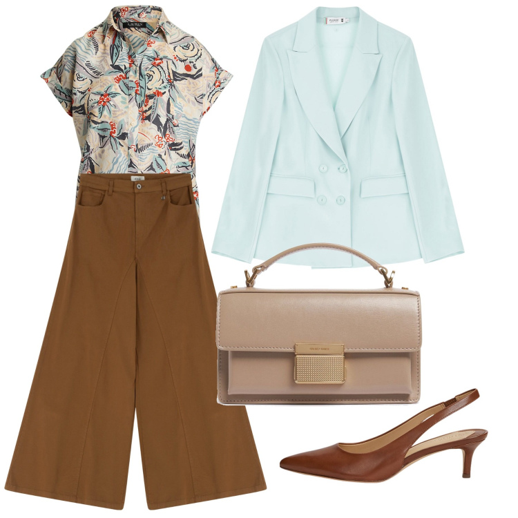 Outfit donna - Fiorata. Stile Chic per Tutti i giorni. Abbinamento con blazer, pantaloni, décolleté, camicie a manica corta, borse a mano.