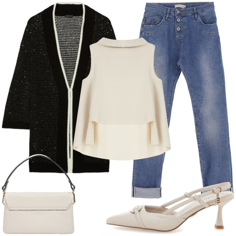 Outfit donna - Cardigan nero e jeans. Stile Casual chic per Tutti i giorni. Abbinamento con jeans slim fit, top, décolleté, cardigans, borse a tracolla.