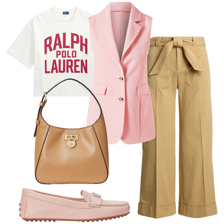 Outfit donna - Utility soft. Stile Casual chic per Tutti i giorni. Abbinamento con gilet, mocassini, pantaloni cargo, borse a tracolla, t-shirt.