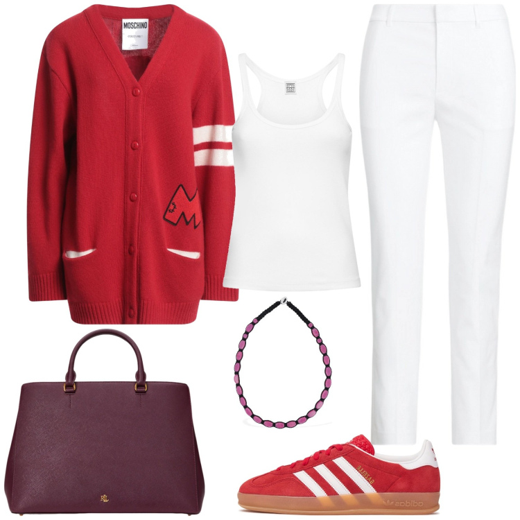 Outfit donna - Maxi cardigan rosso. Stile Casual per Tutti i giorni. Abbinamento con cardigans, borse a mano, pantaloni, collane, sneakers, canottiere.