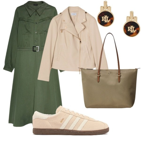 Outfit donna - A spasso per la città. Stile Trendy per Tutti i giorni. Abbinamento con borse tote, orecchini, vestiti lunghi, sneakers, blazer.
