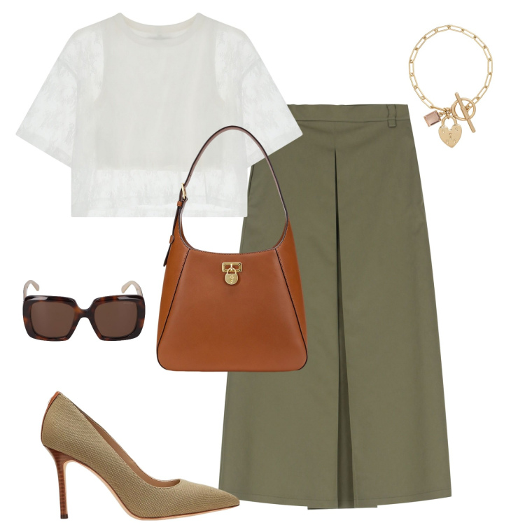 Outfit donna - Stile in città. Stile Urban per Tutti i giorni. Abbinamento con gonne lunghe, t-shirt, borse a spalla, décolleté, braccialetti, occhiali da sole.