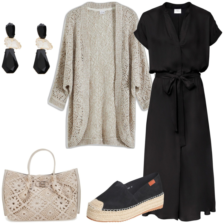 Outfit donna - Abito e maxi cardigan. Stile Casual per Tutti i giorni. Abbinamento con vestiti chemisier, cardigans, espadrillas, orecchini, borse a tracolla.