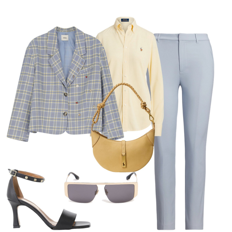 Outfit donna - Total look #2105013. Stile Urban per Tutti i giorni. Abbinamento con sandali col tacco, blazer, pantaloni, camicie, borse a spalla, occhiali da sole.
