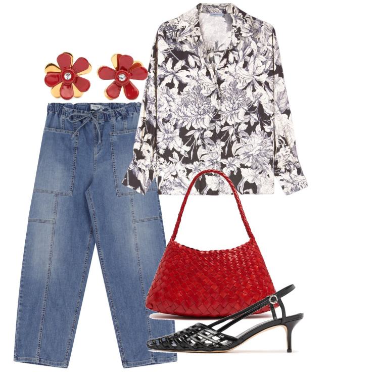 Outfit donna - Un peu de rouge. Stile Casual chic per Tutti i giorni. Abbinamento con jeans, orecchini, scarpe col tacco, borse a spalla, camicie.