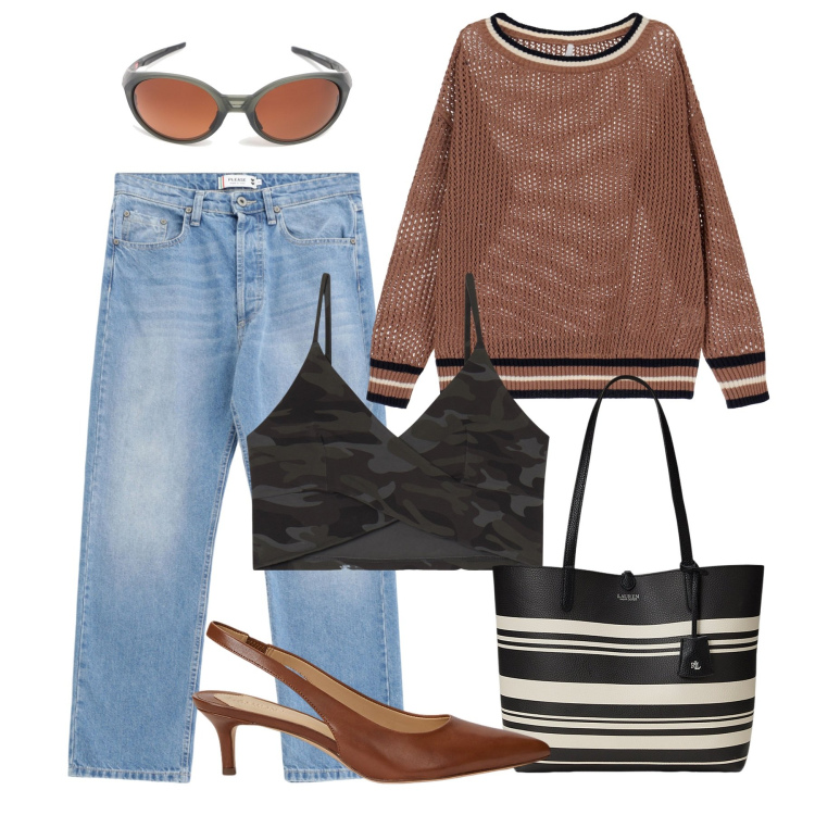 Outfit donna - Cacao e denim. Stile Casual chic per Tutti i giorni. Abbinamento con jeans, pullovers, top, décolleté, borse tote, occhiali da sole.