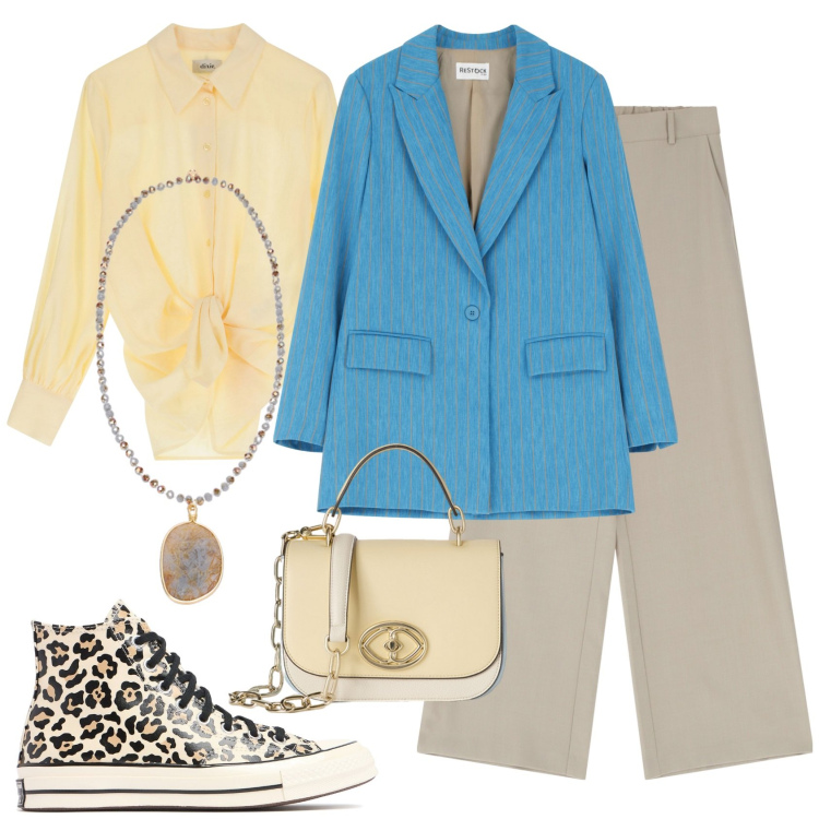 Outfit donna - Casual chic in primavera @mikytwins. Stile Casual chic per Tutti i giorni. Abbinamento con pantaloni a palazzo, camicie, blazer, sneakers, borse a tracolla, ciondoli.