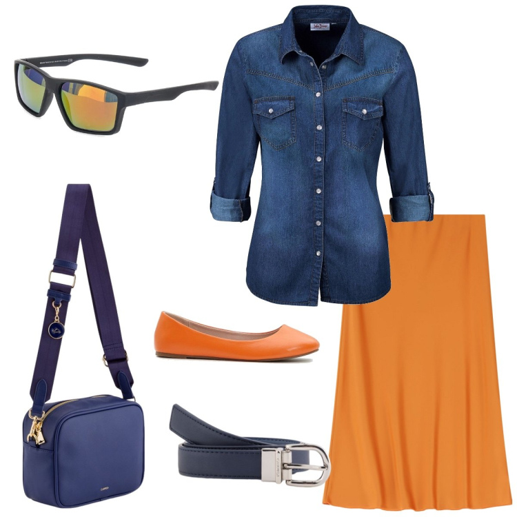 Outfit donna - Jeans e satin. Stile Casual chic per Tutti i giorni. Abbinamento con camicie, ballerine, gonne longuette, occhiali da sole, cinture, borse a tracolla.