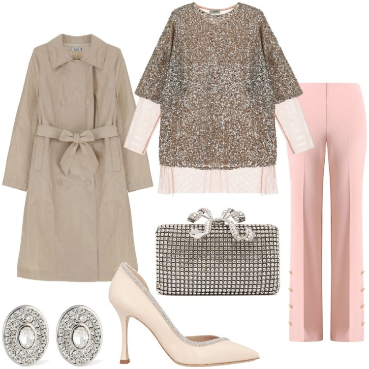 Outfit donna - Serata scintillante. Stile Glamour per Serata fuori. Abbinamento con décolleté, pantaloni a palazzo, trench, t-shirt, pochette, orecchini.
