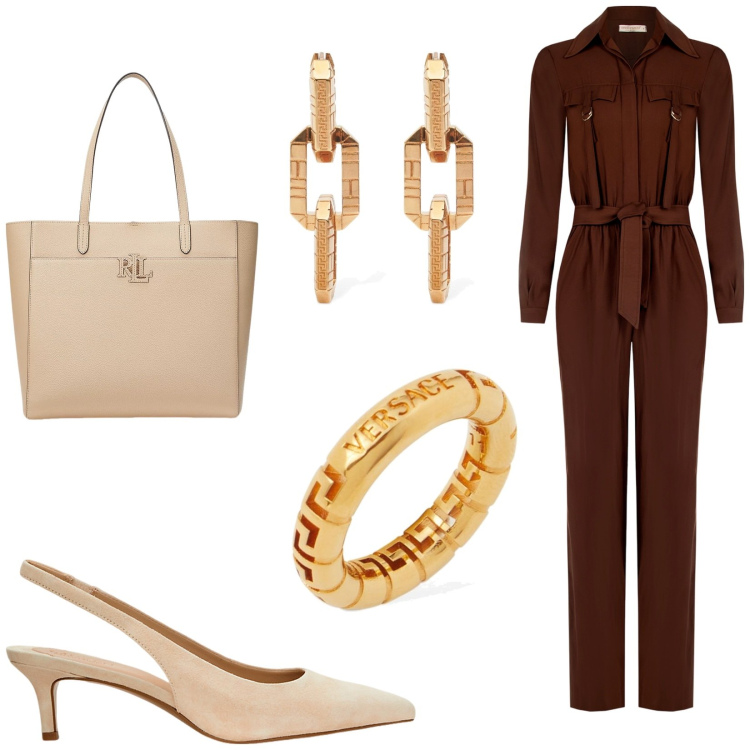Outfit donna - Tuta intera. Stile Casual chic per Serata fuori. Abbinamento con tute, décolleté, borse tote, anelli, orecchini.