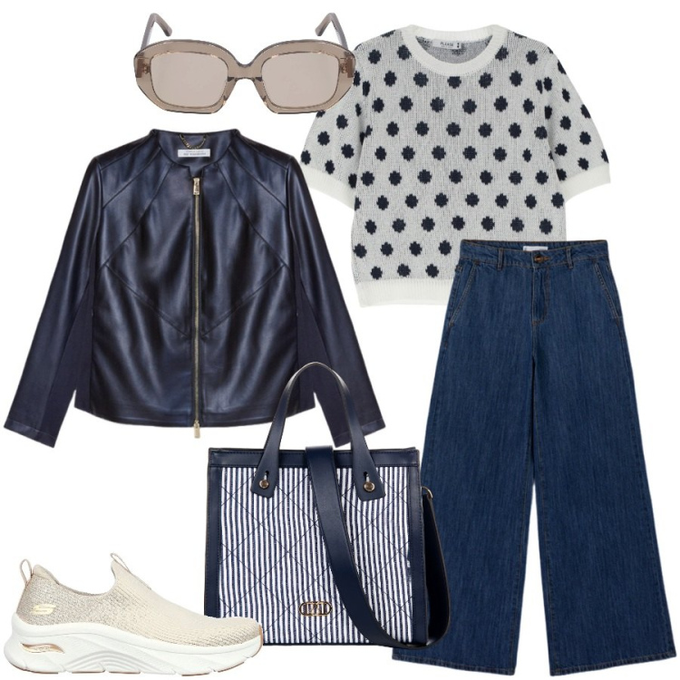 Outfit donna - Urban style. Stile Urban per Ufficio. Abbinamento con shopping bag, maglieria, sneakers, blazer, jeans, occhiali da sole.