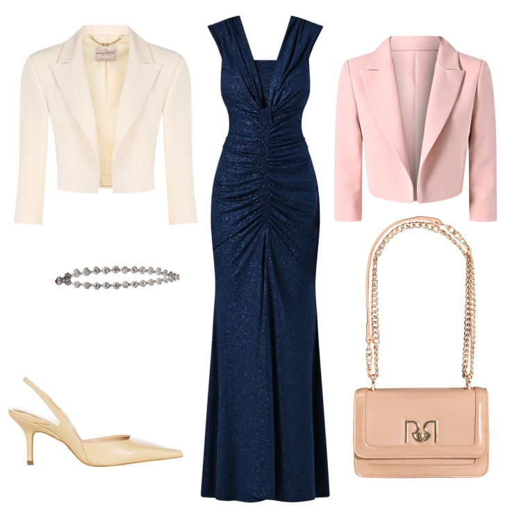 Outfit donna - Matrimonio primaverile. Stile Chic per Cerimonia. Abbinamento con vestiti lunghi, blazer, décolleté, bolero, borse a tracolla, cinture.