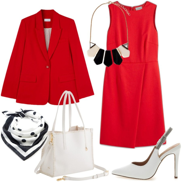 Outfit donna - Il rosso addolcito dal bianco. Stile Chic per Cerimonia. Abbinamento con vestiti a tubino, foulard, décolleté, borse a mano, collane, blazer.